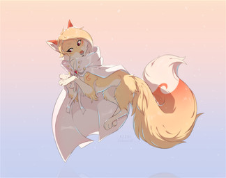 bangs cheek_tuft clothing eyelashes facial_tuft female feral feral_with_hair fur hair looking_away markings midair orange_markings red_eyes short_hair simple_background solo tail tuft white_body white_clothing white_fur yellow_body yellow_fur azzai canid canine fox mammal 2018 cel_shading colored digital_drawing_(artwork) digital_media_(artwork) shaded