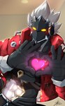 blush clothing electronics gesture grey_body hair headphones heart_gesture jacket machine male solo topwear white_hair yellow_eyes kt0414143919 mihoyo zenless_zone_zero billy_kid humanoid robot hi_res