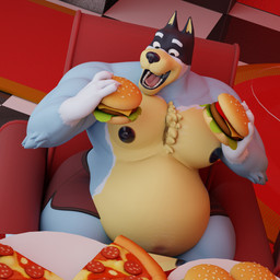 anthro belly belly_expansion big_belly black_nipples bloated blue_body blue_fur bottomwear burger clothing eating eating_food expansion food fur holding_burger holding_food holding_object hotpants male moobs musclegut muscular muscular_anthro muscular_male nipples open_mouth overweight overweight_anthro overweight_male pecs pink_tongue pizza red_bottomwear red_clothing red_shorts shorts sitting solo stuffing tongue weight_gain onehundredandone codans_(modeler) bluey_(series) bandit_heeler australian_cattle_dog canid canine canis cattledog domestic_dog herding_dog mammal pastoral_dog absurd_res hi_res