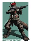 anthro black_nose brown_body brown_fur clothed clothing fluffy fluffy_tail fur green_background gun hat headgear headwear holding_gun holding_object holding_ranged_weapon holding_shotgun holding_weapon male mouth_closed narrowed_eyes ranged_weapon red_clothing red_hat red_headwear shadow shotgun simple_background solo spas-12 standing tail weapon white_body white_fur wide_stance slash_freezen blue_byte_(game_developer) rainbow_six rainbow_six:_siege tom_clancy's_(series) ubisoft sledge_(rainbow_six) canid canine canis domestic_dog mammal 2017 dated full-length_portrait portrait signature