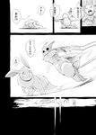 action_pose anthro black_sclera claws comic dialogue eevee falling feral fight generation_1_pokemon generation_3_pokemon greyscale group hi_res imminent_death japanese_text looking_at_another monochrome motion_lines nintendo pokemon pokemon_(species) pokemon_mystery_dungeon pose right_to_left running simple_background spike_chunsoft squirtle text translated trio yamatokuroko965 zangoose