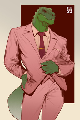 5_fingers accessory anthro athletic athletic_anthro athletic_male barazoku biped bottomwear clothed clothing collared_shirt dress_shirt fingers formal_wear front_view fully_clothed green_body green_scales green_skin hand_on_chest hand_on_hip jacket looking_at_viewer male male_anthro mouth_closed muscular muscular_anthro muscular_male necktie pants pink_bottomwear pink_clothing pink_jacket pink_pants pink_shirt pink_suit pink_topwear pose red_background red_necktie scales seductive shirt simple_background smile solo standing suit suit_and_tie tail teeth teeth_showing text topwear ekzonzz dispatch sweetalker_(dispatch) dinosaur prehistoric_species reptile saurischian scalie theropod tyrannosaurid tyrannosauroid tyrannosaurus tyrannosaurus_rex 2026 absurd_res digital_drawing_(artwork) digital_media_(artwork) english_text hi_res portrait three-quarter_portrait