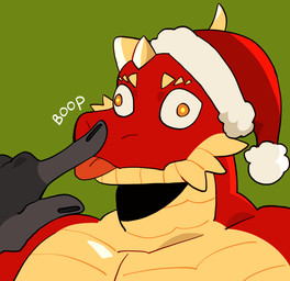 anthro boop christmas_clothing christmas_headwear clothing duo fingers hat headgear headwear holidays horn male male/male muscular muscular_anthro muscular_male nose_boop santa_hat text tongue tongue_out wearing_hat 000atanerriaper000 christmas mythology kerfus_(dragon) max_damage_(furry) canid canine dragon mammal mythological_creature mythological_scalie scalie hi_res
