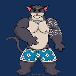 3_fingers 3_toes anthro areola arm_tattoo barefoot belly_rub belly_slap black_body black_fur black_hair blue_bottomwear blue_clothing blue_swimming_trunks blue_swimwear bottomwear clothed clothing dot_eyes ear_piercing ear_ring eyewear feet fingers floral_pattern fur hair hungry male male_anthro mouth_closed muscular muscular_anthro muscular_male navel neck_chain nipples pecs piercing ring_piercing short_hair simple_background simple_eyes slap slapping_own_belly slapping_self solo standing sunglasses swimming_trunks swimwear tail tattoo toes topless topless_anthro topless_male transparent_background kotarocat_(artist) kotarocat domestic_cat felid feline felis mammal 1:1 2d_animation alpha_channel animated animation_meme hi_res meme