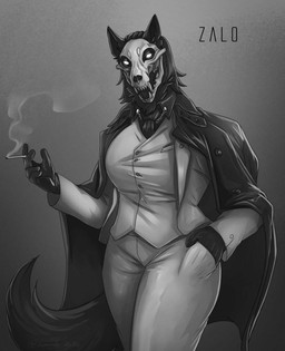 anthro biped bone bottomwear breasts cigarette clothing coat coat_over_shoulders fangs female gloves handwear pants shirt skull skull_head slicked_back_hair solo teeth topwear white_eyes creepy_gun capcom resident_evil resident_evil_requiem scp_foundation scp-1471-a canid canine malo mammal 2026 digital_media_(artwork) greyscale hi_res monochrome