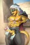 abs anthro ball_fondling ball_grab balls belt biceps bodily_fluids bottomwear claws clothed clothing coat_cape disembodied_hand duo erection eyes_closed fondling foreskin fur genital_fluids genitals handjob humanoid_genitalia humanoid_penis male muscular muscular_anthro muscular_male open_bottomwear open_clothing open_pants pants partially_clothed pecs penile penis penis_poking_out penis_through_fly precum retracted_foreskin scar sex solo_focus standing tail teeth text vein veiny_penis todex bandai_namco digimon bancholeomon digimon_(species) felid mammal 2019 absurd_res colored digital_media_(artwork) english_text hi_res shaded url watermark