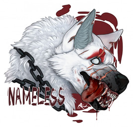 abstract_background ambiguous_gender beady_eyes black_nose blood blood_from_mouth blood_in_mouth bodily_fluids chain cheek_tuft facial_scar facial_tuft fangs feral fur neck_tuft open_mouth scar solo teeth tongue tongue_out tuft white_body white_eyes white_fur riorix canid mammal 2016 dated headshot_portrait hi_res portrait signature