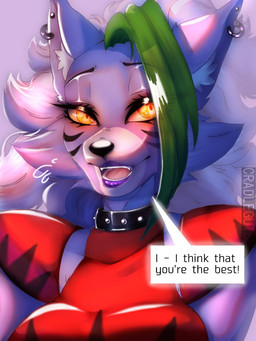 anthro blush breasts collar dialogue ear_piercing ear_ring exclamation_point female green_hair hair jewelry lipstick looking_at_viewer machine makeup multicolored_hair necklace open_mouth piercing purple_lipstick ring_piercing solo teeth text text_box tongue white_hair yellow_eyes cradleguts five_nights_at_freddy's five_nights_at_freddy's:_security_breach scottgames steel_wool_studios roxanne_wolf animatronic canid canine canis mammal robot wolf 2021 3:4 bust_portrait english_text portrait