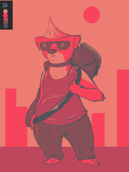 ambiguous_gender anthro arm_tuft barefoot biped bottomwear clothed clothing collar color_swatch elbow_tuft electric_razor eyewear feet outside pants pink_background razor shirt shock_collar simple_background solo standing sun sunglasses tank_top tools topwear tuft tggeko disney zootopia honey_badger_(zootopia) badger honey_badger mammal mustelid musteline 2019 3:4 restricted_palette