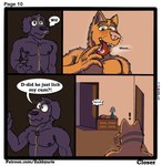 anthro blush dialogue duo eyebrows male male/male nipples pubes text zabby_arts canid canine canis cougar domestic_cat domestic_dog felid feline felis hyena mammal comic english_text hi_res url