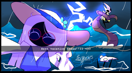 2_horns ambiguous_gender antennae_(anatomy) anthro asphyxiation bikini biped black_body black_border black_eyes border camera clothed clothed_ambiguous clothed_anthro clothed_female clothing cloud cloudy_sky detailed_background drowning electricity empty_eyes eyelashes eyes_closed eyewear female flower_accessory gesture glasses group hair hand_gesture heart_symbol holding_camera holding_object horn humor lightning mouthless outside raining raised_arm restrained restrained_by_tentacles scared sea seascape selfie sky solo_focus storm swimming swimwear tentacles text trio two-piece_swimsuit v_sign water wave wearing_glasses wearing_hat white_body white_eyelashes white_eyes white_hair professornoodless hollow_knight:_silksong hollow_knight_(franchise) snapchat team_cherry hornet_(hollow_knight) lace_(hollow_knight:_silksong) shakra_(hollow_knight:_silksong) arthropod insect 2025 digital_drawing_(artwork) digital_media_(artwork) english_text hi_res signature female_(lore)