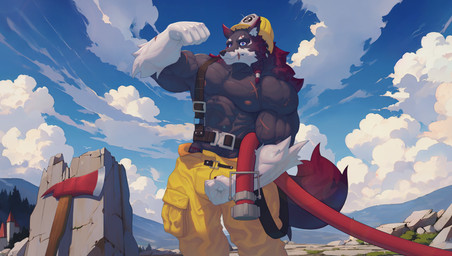 abs anthro areola armor axe barazoku biped blue_eyes bottomwear clothed clothing cloud day detailed_background fingers fire_hose firefighter fist front_view fur grey_body grey_fur headgear helmet humanoid_hands looking_at_viewer male muscular muscular_anthro muscular_arms muscular_male neutral_expression nipples outside pants pecs plant pose red_body red_fur rock scar sky solo tail topless topless_anthro topless_male tree white_body white_fur yellow_bottomwear yellow_clothing yellow_pants ronci arcane_shop gahel_(arcane_shop) canid canine canis mammal wolf 2024 colored hi_res portrait shaded three-quarter_portrait
