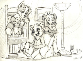 anthro book bookshelf closed_smile clothed clothing fangs furniture glistening glistening_nose group head_tuft inside lamp leg_markings logo male markings mouth_closed open_mouth open_smile shirt sitting smile socks_(marking) standing t-shirt teeth tongue topwear trio tuft young young_anthro young_male pandapaco parinton roni_(imroni) bear border_collie canid canine canis collie domestic_dog giant_panda herding_dog mammal pastoral_dog sheepdog 2014 artist_logo dated hi_res monochrome signature sketch