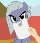 ambiguous_gender angry buckteeth female feral forced_smile green_eyes grey_hair hair holding_object paper teeth badumsquish friendship_is_magic hasbro my_little_pony limestone_pie_(mlp) earth_pony equid equine horse mammal pony hi_res