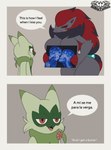 anthro big_breasts blush breasts dialogue duo eyes_closed female fur green_body green_fur humor male nude text knightmoonlight98 nintendo pokemon floragato generation_5_pokemon generation_9_pokemon pokemon_(species) zoroark 2024 english_text hi_res spanish_text