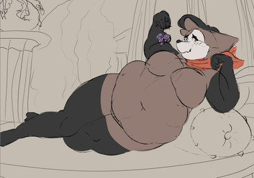 anthro arm_warmers armwear belly beret big_belly big_breasts blush blush_lines breasts clothing featureless_breasts female fupa genitals hat headgear headwear holding_grapes huge_belly huge_hips huge_thighs legwear lying mostly_nude navel obese obese_anthro obese_female on_side overweight overweight_anthro overweight_female pose posing_for_picture scar solo thick_thighs thigh_highs vulva white_face white_face_paint wide_hips 6saw789 mime_(6saw789) domestic_cat felid feline felis mammal 2026 digital_drawing_(artwork) digital_media_(artwork) guide_lines pinup