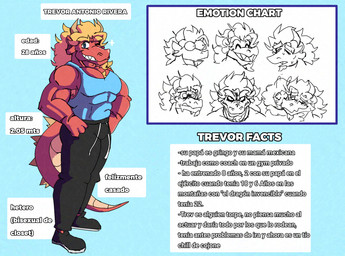 anthro beard blonde_hair blue_eyes facial_hair hair horn male muscular muscular_anthro muscular_male red_body solo tail text apolonoise mythology trevor_(apolonoise) dragon mythological_creature mythological_scalie scalie absurd_res hi_res spanish_description spanish_text