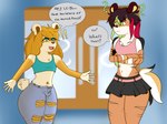 anthro belt bottomwear clothing crop_top denim denim_bottomwear denim_clothing duo femboy fluffy fluffy_tail hair jeans male male/male multicolored_hair pants shirt skirt tail topwear two_tone_hair kamille_(artist) kamille_dubois leigh_whitaker bear felid giant_panda mammal pantherine tiger hi_res