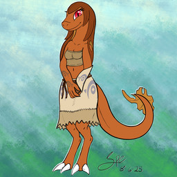 2_toes 4_fingers abstract_background anthro arm_tattoo armwear bandeau belt big_eyes big_tail bottomwear breasts claws cleavage clothed clothing detached_sleeves digitigrade eyelashes feet female fingers front_view humanoid_hands long_tail looking_at_viewer midriff monotone_body navel non-mammal_breasts orange_body pupils red_eyes rope rope_belt skirt slit_pupils small_breasts smile smiling_at_viewer snout solo standing tail tan_bandeau tan_bottomwear tan_clothing tan_skirt tan_topwear tapering_tail tattoo text thick_tail toe_claws toes topwear white_claws wide_hips spe tenebri_veil agamid frilled_lizard lizard reptile scalie 1:1 2025 absurd_res dated digital_drawing_(artwork) digital_media_(artwork) english_text flat_colors hi_res procreate_(artwork) signature