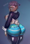 absurd_res anthro big_breasts big_butt blush breasts butt dovecake easter female hair hair_over_eye heart_symbol hi_res holidays lagomorph leporid licking licking_lips licking_own_lips mammal one_eye_obstructed rabbit self_lick solo tongue tongue_out