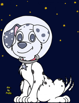 black_ears black_nose black_spots collar cosmic_background feral floppy_ears fur heterochromatic_ears male red_collar space space_background space_helmet spots star toony white_body white_fur white_spots puffysmith 101_dalmatian_street 101_dalmatians disney dylan_(101_dalmatians) canid canine canis dalmatian domestic_dog mammal hi_res