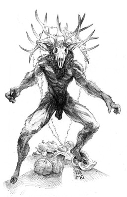anthro antlers balls bone food fruit genitals horn lights male muscular muscular_anthro muscular_male nude plant pumpkin skull skull_head solo string_lights momamo american_mythology indigenous_north_american_mythology mythology north_american_mythology deer mammal wendigo absurd_res greyscale hi_res monochrome