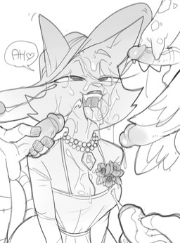 4_fingers anthro anthro_on_anthro balls big_breasts big_ears big_penis biped blush blush_lines bodily_fluids breasts bukkake cheek_tuft claws cleavage clothed clothed/nude clothed_anthro clothed_female clothing cosplay crossover_cosplay cum cum_on_breasts cum_on_face cum_on_neck cum_on_tongue cum_string cumshot dark_glans dress ears_through_headwear ejaculation erection eyebrows eyelashes eyes_mostly_closed facial_tuft fangs female finger_claws fingerless_(marking) fingers flower flower_ornament fur fur_tuft gem genital_fluids genitals glans glistening glistening_bodily_fluids glistening_cum glistening_genital_fluids glistening_genitalia glistening_glans glistening_lips glistening_penis glistening_tongue group hat headgear headwear heart_after_text heart_symbol holding_own_penis holding_penis holidays humanoid_genitalia humanoid_penis interspecies iris jewelry leaking_cum lips lipstick long_dress long_eyelashes looking_pleasured makeup male male/female markings mature_anthro mature_female moan mostly_offscreen_anthro mostly_offscreen_character mostly_offscreen_male motion_lines motion_outline narrowed_eyes necklace no_pupils nude nude_anthro nude_male open_mouth open_smile pearl_(gem) pearl_necklace pendant penis plant pointy_ears prick_ears saliva saliva_string smile speech_bubble spotted_arms standing striped_body striped_fur striped_legs striped_markings striped_tail stripes sun_hat surrounded tail tail_markings teeth text_with_heart three-quarter_view tongue tongue_out tuft vein veiny_penis white_heart winged_arms wings dbaru capcom halloween litterbox_comics resident_evil alcina_dimitrescu fran_(litterbox_comics) ambiguous_species avian bird domestic_cat equid equine felid feline felis mammal reptile scalie zebra 2025 black_and_white crossover digital_drawing_(artwork) digital_media_(artwork) monochrome