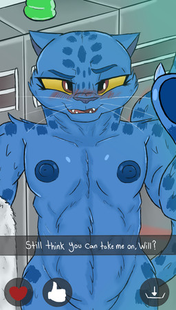 abs anthro blue_body blue_fur blush breasts caption eyebrows female fur muscular muscular_female nipples nude nude_anthro nude_female raised_eyebrow seductive selfie sharp_teeth shower_room smile smiling_at_viewer solo spots teeth whiskers yellow_sclera lerasmel goat_(movie) sony_corporation sony_pictures jett_fillmore felid feline mammal pantherine absurd_res digital_drawing_(artwork) digital_media_(artwork) hi_res