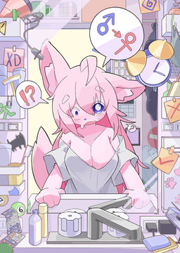 after_transformation alarm_clock anthro bathroom blister_pack bodily_fluids breasts brush cable cleavage clock clothed clothing container cup detailed_background female female_anthro female_symbol fur gender_symbol gender_transformation inner_ear_fluff lightswitch looking_at_mirror looking_at_object male_symbol mirror mtf_transformation open_mouth pink_body pink_fur post-it_note razor shocked sink speech_bubble sticker surprised sweat sweatdrop symbol tools toothbrush transformation tuft roraponsan rubik's_cube mammal 2025 hi_res