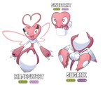 ambiguous_gender anthro evolutionary_family feral group heart_eyes heart_symbol pink_body simple_background text trio white_background gametimeasia fakemon nintendo pokemon arthropod insect majesweet pokemon_(species) sugank sweetant 2022 hi_res