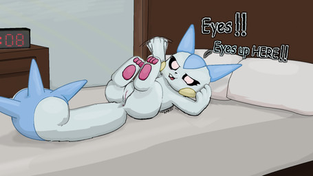 3_fingers angry anthro anus bed bedroom blush butt clock feet female fingers fur furniture genitals gesture half-closed_eyes hindpaw looking_at_viewer lying narrowed_eyes on_back open_mouth pawpads paws pillow shortstack shortstack_female solo spiked_tail spikes spikes_(anatomy) squirrel_tail tail talking_to_viewer text toes vulva waving waving_at_viewer white_body white_fur hanzowo nintendo pokemon generation_4_pokemon mammal pachirisu pokemon_(species) rodent sciurid tree_squirrel 16:9 2025 comic_sans dated digital_media_(artwork) hi_res watermark widescreen