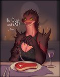 alcohol anthro beef beverage black_border blush blush_lines border breasts clothed clothing cutlery dialogue fangs female food fork kitchen_utensils looking_at_viewer meat raw_meat solo steak tablecloth teeth tools wine chasertech reptile scalie snake digital_media_(artwork) hi_res