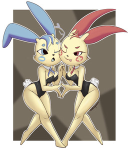 anthro anthrofied black_clothing black_leotard black_nose blue_eyes blue_necktie border breasts brown_background bunny_costume cheek_markings cheek_tuft cleavage clothed clothing costume duo eyelashes facial_markings facial_tuft featureless_feet feet female front_view fur hand_holding head_markings head_tuft leotard markings medium_breasts navel_outline necktie open_mouth pokemorph red_body red_eyes red_fur red_necktie simple_background thick_thighs tongue tongue_out tuft white_border wide_hips yellow_body yellow_fur bluesparrow nintendo pokemon generation_3_pokemon minun plusle pokemon_(species) hi_res