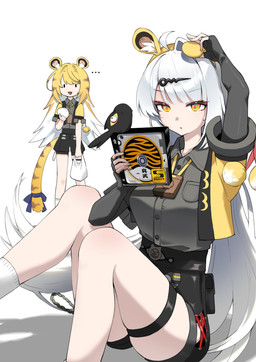 accessory ahoge animal_ears bare_legs belt bent_legs big_breasts black_bottomwear black_clothing black_shorts blonde_hair bodily_fluids bottomwear breasts cat_smile clothed clothing collared_shirt cosplay disco dress_shirt ellipsis fake_ears female fluffy_ears furgonomics glistening glistening_hair grey_dress_shirt hair hair_accessory jacket long_hair open_clothing open_jacket open_topwear raised_arm ribbons shirt shorts simple_background sitting sweat tail tail_accessory tail_ribbon thigh_strap topwear white_background white_hair yellow_clothing yellow_eyes yellow_jacket_(clothing) yellow_topwear sail_42x mihoyo zenless_zone_zero ju_fufu qingming_(zzz) yixuan_(zenless_zone_zero) animal_humanoid avian bird felid felid_humanoid human humanoid mammal mammal_humanoid pantherine pantherine_humanoid thiren tiger_humanoid absurd_res hi_res