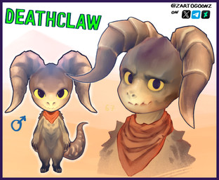 anthro big_horn blue_border border brown_body featureless_crotch gender_symbol horn looking_at_viewer male male_symbol mostly_nude scarf scarf_only simple_background solo symbol tail yellow_sclera zartogoonz fallout microsoft deathclaw scalie hi_res portrait signature