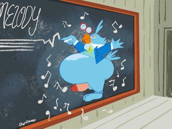 anthro broken_glasses chalkboard eyewear flattened genitals glasses male musical_note musical_symbol penis solo symbol batboyo disney professor_owl avian bird owl 2026 hi_res