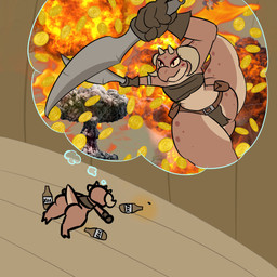 action_pose alcohol anthro bandeau belt belt_pouch beverage big_butt big_tail bottle bottomless bottomwear brown_body brown_scales butt clothed clothing coin container dream drunk dual_wielding explosion female flat_chested front_view glass_bottle gloves gold_(metal) gold_coin handwear holding_knife holding_melee_weapon holding_object holding_weapon horn humor inside knife loincloth lying melee_weapon money on_front pale_body pale_scales pose red_eyes scales skimpy solo spilled_drink substance_intoxication tail thick_tail thick_thighs thought_bubble topwear unconscious weapon wide_hips yellow_sclera mahoganywyvern piko_(simplifypm) kobold reptile scalie 1:1 2021 absurd_res digital_media_(artwork) hi_res