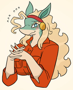 accessory anthro blonde_eyelashes blonde_hair blue_body blue_ears blue_eyes blue_inner_ear blush blush_lines button_(fastener) clothed clothed_anthro clothed_female clothing emanata eyebrows eyelashes female female_anthro gesture hair headband long_hair looking_at_viewer messy_hair multicolored_body nervous nervous_smile red_clothing red_headband red_topwear simple_background snout solo steepled_fingers sweat_emanata tan_body teal_body teal_ears topwear two_tone_body white_sclera nerdyreindeer my_hero_academia ippan_josei mammal quirked_human_(my_hero_academia) 2026 colored digital_drawing_(artwork) digital_media_(artwork) half-length_portrait portrait shaded simple_shading