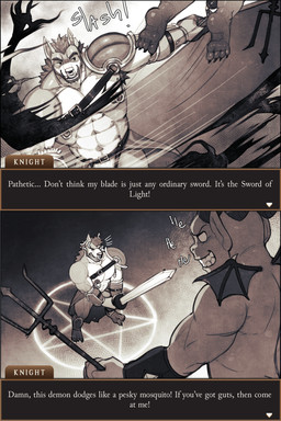 anthro duo facial_piercing holding_melee_weapon holding_object holding_polearm holding_sword holding_trident holding_weapon horn magic magic_circle male melee_weapon membrane_(anatomy) membranous_wings muscular muscular_anthro muscular_male nipple_piercing nipple_ring nipples nose_piercing nose_ring piercing polearm ring_piercing sword text trident weapon wings desfrog canid canine demon mammal absurd_res comic english_text hi_res