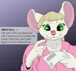 anthro blonde_hair definition envelope female fur green_eyes hair heart_symbol purple_background simple_background solo stamp text white_body white_fur cybercorn_entropic sniglets cynthia_boggs mammal mouse murid murine rodent 2020 english_text