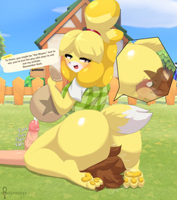 anal anal_request anthro big_butt big_penis blonde_hair bottomless brown_hair butt clothed clothing dialogue duo ejaculation facesitting female female_facesitting_male female_on_top genitals green_eyes hair header header_box huge_butt male male/female male_rimming_female masturbation on_top oral oral_request outside penile penile_masturbation penis requesting rimming rimming_request sex sex_request sitting_on_another text text_header yellow_body mistpirit animal_crossing nintendo isabelle_(animal_crossing) villager_(animal_crossing) canid canine canis domestic_dog human mammal absurd_res english_text hi_res