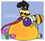 antennae_(anatomy) anthro arthropod_abdomen belly belly_expansion belly_inflation big_belly big_breasts big_butt black_sclera blush bottomwear breasts brown_hair butt clothed clothing dialogue expansion female flower footwear fur glistening glistening_belly hair hand_on_belly hand_on_own_belly huge_belly huge_breasts huge_butt huge_thighs hyper hyper_belly hyper_breasts inflation liquid_inflation long_tongue lying multicolored_hair neck_tuft on_front pink_flower plant purple_eyes resting_on_belly shirt shoes shorts simple_background smile solo striped_hair text thick_thighs tight_clothing tight_shirt tight_topwear tongue topwear tuft wings yellow_body foamytail bie_(beefuccer) arthropod bee hymenopteran insect english_text hi_res