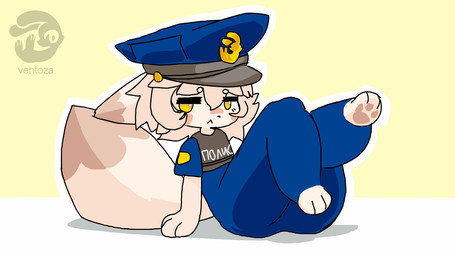 anthro big_tail clothing femboy fur hair male paws police police_hat police_uniform simple_background solo tail tan_body tan_fur uniform yellow_eyes ventoza 16:9 animated widescreen