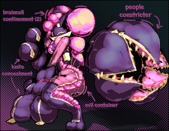 anthro armwear big_tail black_body breasts butt clothing crouching elbow_gloves fake_ears fake_smile female frilly gloves grin grinning_at_viewer hair handwear large_paws legwear mask mohawk narrowed_eyes paws pigtails pink_hair plushie plushie_tag raised_paw smile smiling_at_viewer solo squint stockings tail tail_mouth taxidermy thigh_highs unusual_anatomy unusual_tail zipper zipper_jumpsuit zipper_pull_tab falgaia evil_container faux_(falgaia) animal_humanoid canid canid_humanoid canine canine_humanoid fox fox_humanoid humanoid mammal mammal_humanoid digital_media_(artwork)