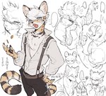 anthro belt blue_eyes brown_body brown_fur clothed clothing coin duo fur gold_(metal) gold_coin hair male open_clothing open_topwear striped_body striped_fur stripes suspenders tail tan_body tan_fur topwear white_hair fish7163 felid feline mammal serval hi_res sketch sketch_page