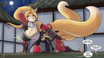 bouncing_breasts breasts fur light moonlight ninja orange_body orange_fur rooftop sneaking speech_bubble stealth warrior stogiegoatarts futatsu_(dergn) canid canine fox mammal 16:9 digital_media_(artwork) hi_res widescreen