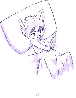 5_fingers anthro balls big_balls big_bulge bulge expansion eyebrows fingers genital_expansion genitals hair huge_balls huge_bulge hyper hyper_balls hyper_bulge hyper_genitalia inner_ear_fluff looking_at_genitalia male pillow small_but_hung solo surprised tablet tuft young young_anthro young_but_hung young_male aogami canid canine fox mammal absurd_res comic hi_res line_art monochrome