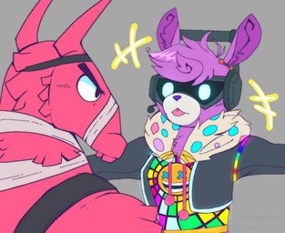 accessory ahoge anthro arms_outstretched bandage blep clothing duo electronics emanata female grey_background hair headphones jacket jacket_vest looking_at_another male multicolored_clothing neutral_expression purple_body purple_nose red_body serious simple_background standing tongue tongue_out topwear vest visor_eyes wafflemow epic_games fortnite dj_bop lt._john_llama alpaca camelid llama mammal aliasing digital_media_(artwork) watermark