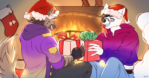 anthro christmas_clothing christmas_decorations christmas_headwear clothing duo fireplace gift_wrapped headgear headwear holidays looking_at_another male smile yuwi-cyu christmas canid canine canis hyena mammal wolf hi_res