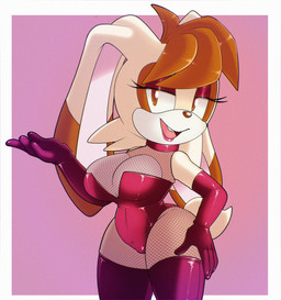 anthro armwear big_breasts big_ears bodysuit border breasts brown_eyes brown_nose camel_toe cleavage clothed clothing dipstick_ears ear_markings elbow_gloves eyelashes eyeshadow female fishnet_bodysuit fishnet_clothing fishnet_skinsuit floppy_ears front_view fur gloves hand_on_hip handwear head_tuft legwear leotard long_ears looking_at_viewer lop_ears makeup markings multicolored_ears open_mouth open_smile pink_clothing pink_eyeshadow pink_gloves pink_handwear pink_legwear pink_leotard pink_thigh_highs purple_background simple_background skinsuit smile solo tan_body tan_fur thick_thighs thigh_highs tight_clothing tuft white_body white_border white_fur wide_hips auntymoira sega sonic_the_hedgehog_(series) vanilla_the_rabbit lagomorph leporid mammal rabbit hi_res